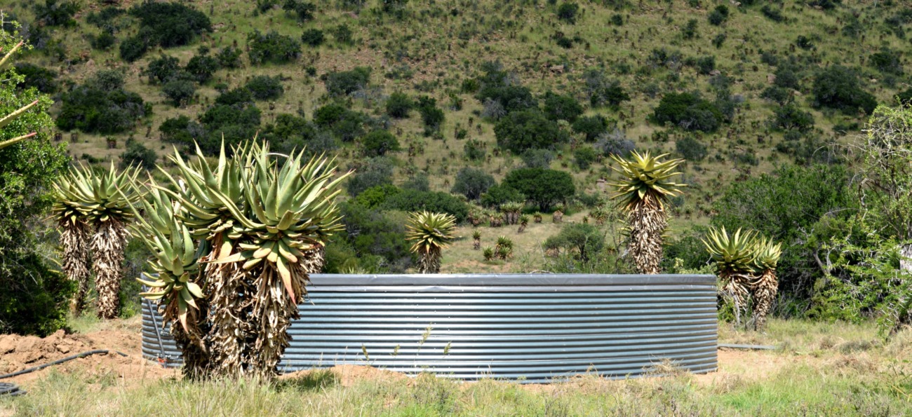 an eco dam standing in the veld with a hill in the background